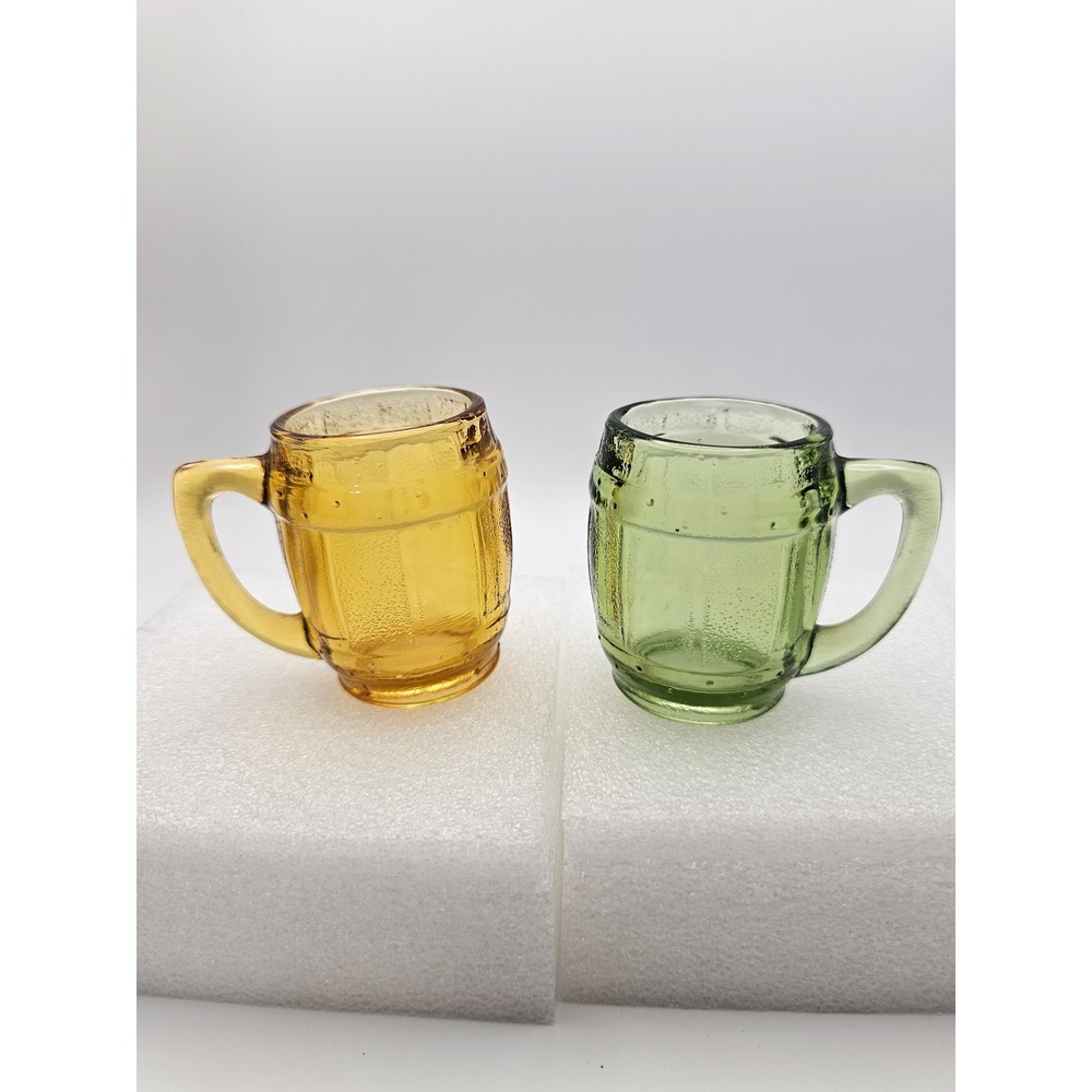 Vintage Miniature Barrel Glass Beer Mugs Amber Yellow Green Shot Glasses Set 2